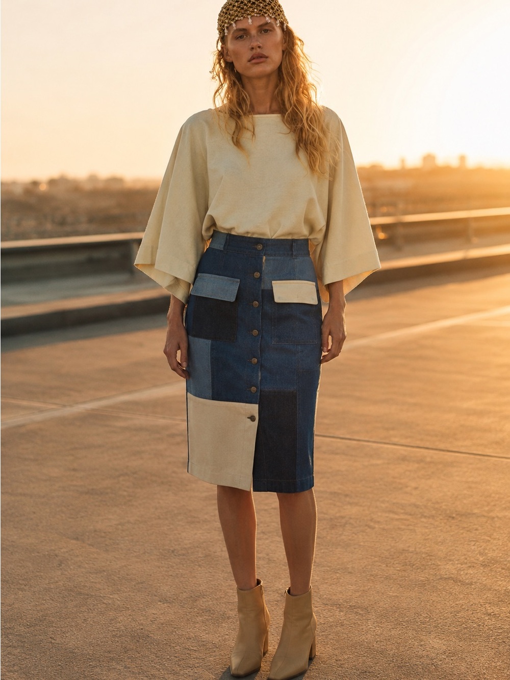 Boho Patchwork Button-Front Denim Midi Skirt in Blue and Tan Small